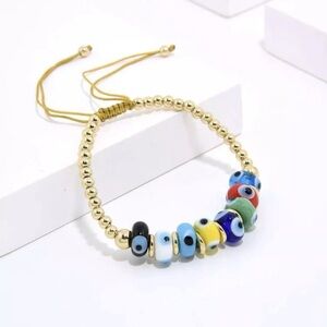 3/$22🩶 Evil Eye Enamel & Gold Bead Bracelet Enamel Protection Amulet Good Luck